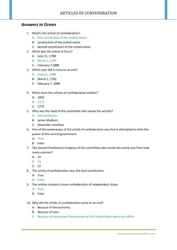 Articles Of Confederation Worksheet Answers - Worksheet List